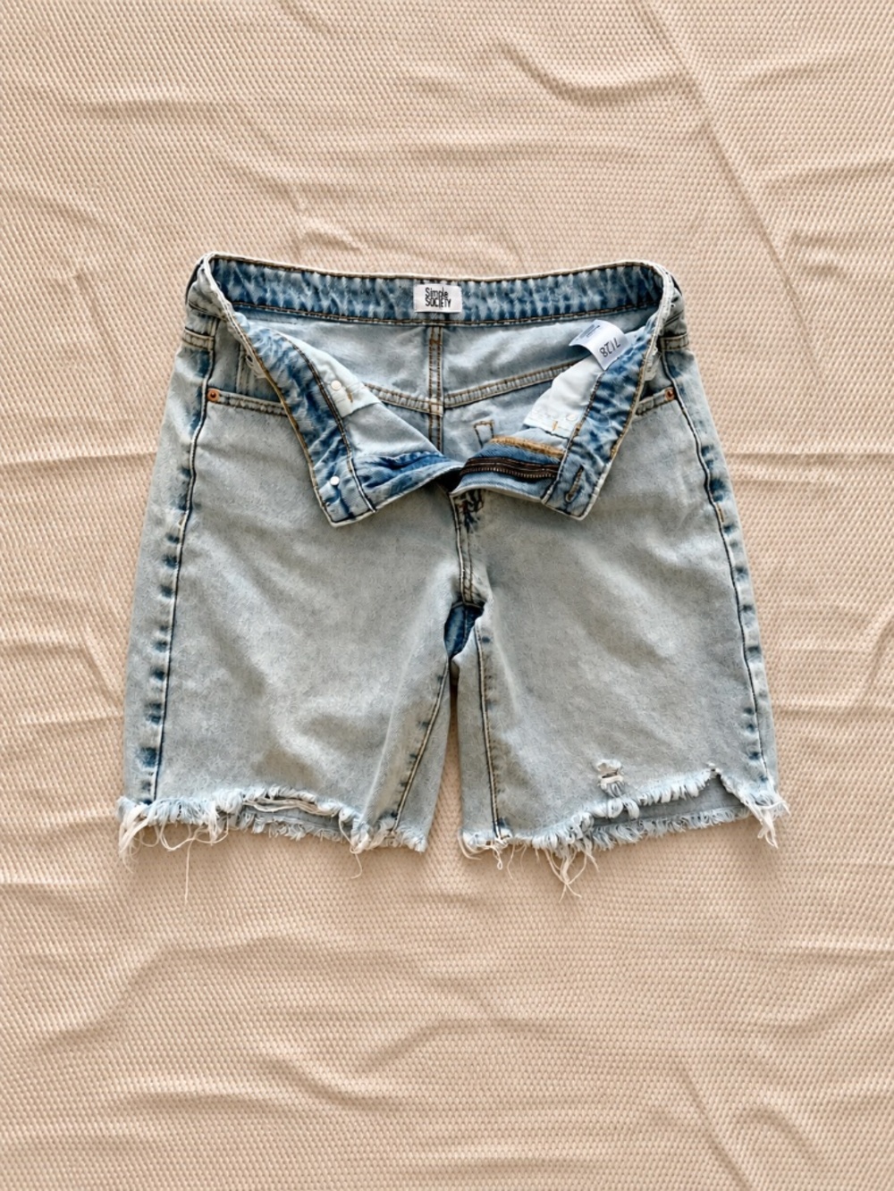 Simple Society 7/28 Light Wash High Rise Raw Hem Denim Bermuda Shorts